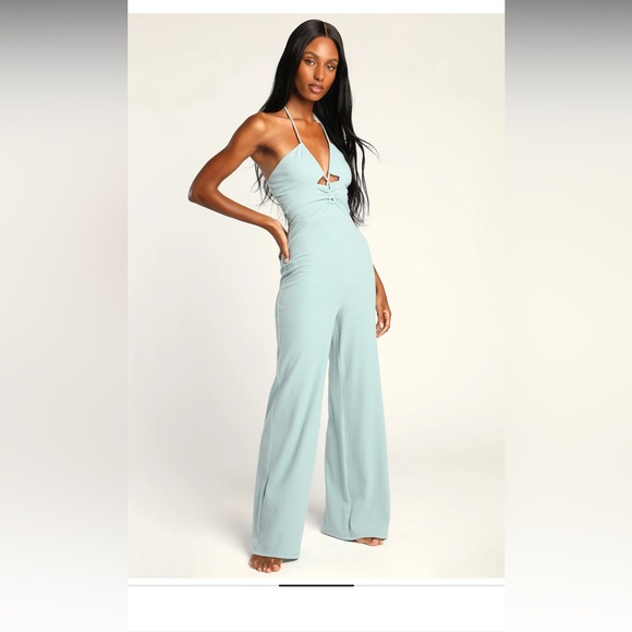 Lulu’s Easy Afternoon Light Blue Ribbed Knit Halter Lounge Jumpsuit - Picture 2 of 5